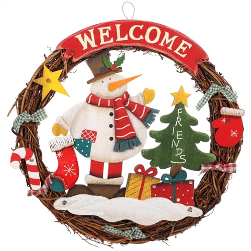 COM-FOUR® Corona de Navidad Trenzada - Corona de Puerta Welcome - Decoración de Madera para Colgar - Aprox. Ø 31 cm (Muñeco de Nieve - L)
