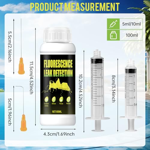 Miniatura 7 de Tinta Fuga Piscina, Detector Fugas Piscina, Detección Universal De Filtraciones Para Piscinas,Spas,Tuberías,Techos Y Aire Acondicionado Coche,Fuerte Fluorescencia Colorante Trazador,100ml Jeringa 2