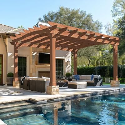 Yardenaler 12x14 FT Wooden Pergola, Cedar Wood Gazebo with Arched Roof, Outdoor Garden Shelter with Stakes Included, Patio, Deck, Backyard, Lawn
