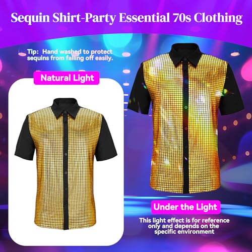 Image of Zando Men's Sequin 70s 80s Disco Shirt - Retro Short Sleeve Button Up Costume Halloween New Year Party Outfit Top & Clubwear