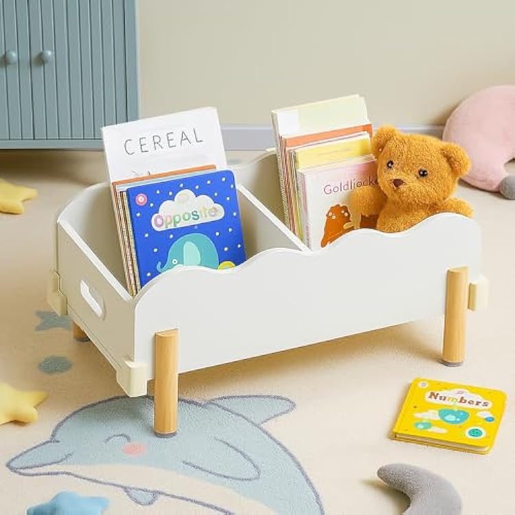 HouseJoy Wooden Bookself for Kid, White Kids Bookshelf and Toy Storage, Toddler Bookshelf for with 2 Adjustable Divider, Baby Bookcase for Children's Room Classroom Nursery