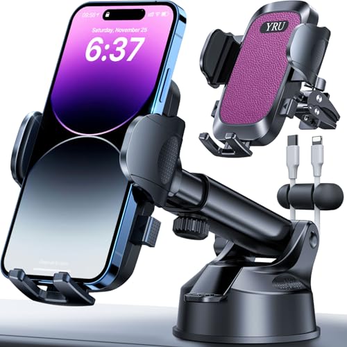 YRU [True Upgrade for Safety] Car Phone Holder Mount [Patent & Military-Grade] Dashboard Cell Phone Holder for Car Vent Windshield Phone Stand for iPhone 17 16 15 14 13 Pro Max Truck Samsung, Purple