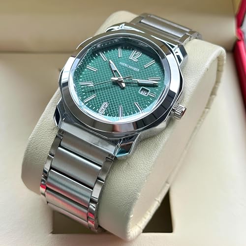Image of AMERICANVIBER Men's Stainless Steel Watch, White Textured Dial, Analog Quartz Movement, Date Display, Water-Resistant, Silver Tone Bracelet for Men