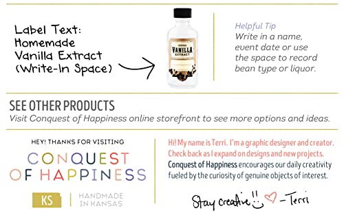 Homemade Vanilla Extract Label For 2 Oz Boston Round Bottles And Larger - 2 Line Write-In - Handmade By Conquest Of Happiness | Pack Of 18 #TOP5
