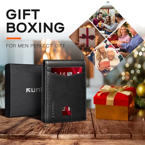 Image of RUNBOX Wallet for Men Slim Leather Bifold RFID Blocking Minimalist Front Pocket Design with Gift Box | Minimalist Front Pocket Design, Holds 8 Cards, RFID Protection, Gifts for Men on Birthdays, Father's Day, and Christmas