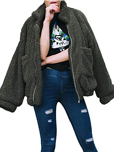 TEMOFON Women's Coat Casual Fleece Fuzzy Faux Shearling Fluffy Jackets Winter Long Sleeve Zip Up Outwear with Pockets Green 3XL
