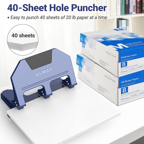 Image of AFMAT 3 Hole Punch, 9 /32 inch Holes, 40-Sheet 3 Hole Puncher for Binder, 50% Reduced Effort, Metal Heavy Duty Three Hole Punch w / 10,000+ Uses, Bulit-in S.S. Paper Guide, Large Chip Tray, Blue, HPX3