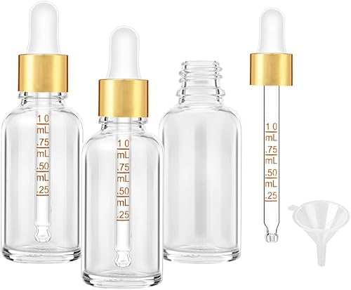 Bumobum Frasco cuentagotas transparente de 1 oz, botellas cuentagotas de vidrio para aceites esenciales con tapa superior dorada, botella de tintura