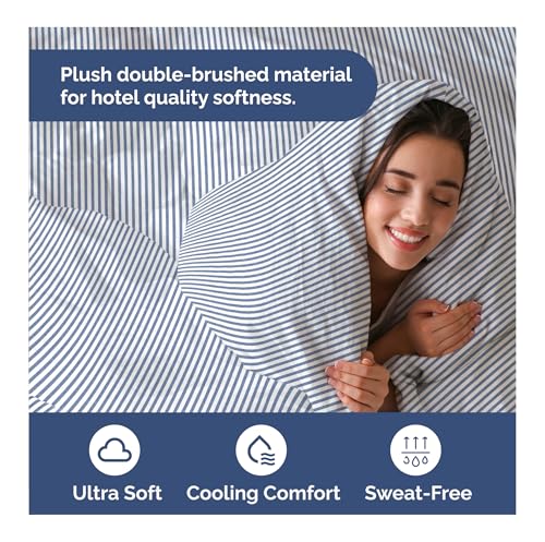 Image of Duvet Cover King Size Set - Extra Soft King Duvet Cover 104 inch x 90 inch with 2 Pillow Shams for Women, Men, Kids & Teens - Hotel Luxury w / Zipper Closures & Ties - Comfy, Cozy & Breathable (Blue Stripes)