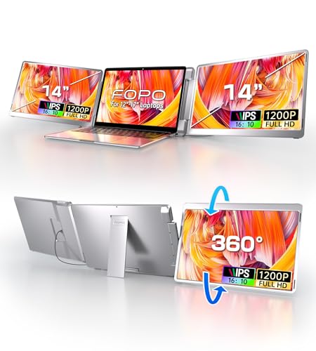 FOPO 14 Triple Monitor Laptop Screen Extender- FHD 1200P 16:10 Laptop Screen Extender Left Screen 360 Flip Portable Monitor for 12-16.5 Laptops with HDMI/USB-C Plug & Play - S7
