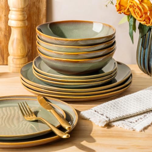 Image of Ceramic Dinnerware Set for 4, 12-Piece Plates and Bowls Set | Handmade Reactive Glaze Dish Set, Scratch Resistant, Oven & Microwave & Dishwasher Safe, Sage Umber