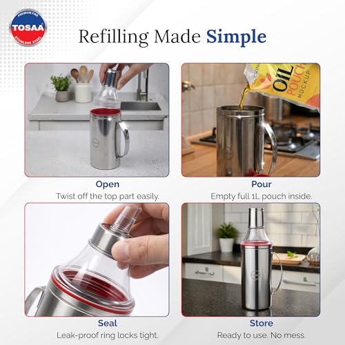 Image of Tosaa Stainless steel Oil dispenser 1000ml | Oil dispenser bottle with drip of Nozzel | Oil can with Handle | Oil Pourer | Pack of 1