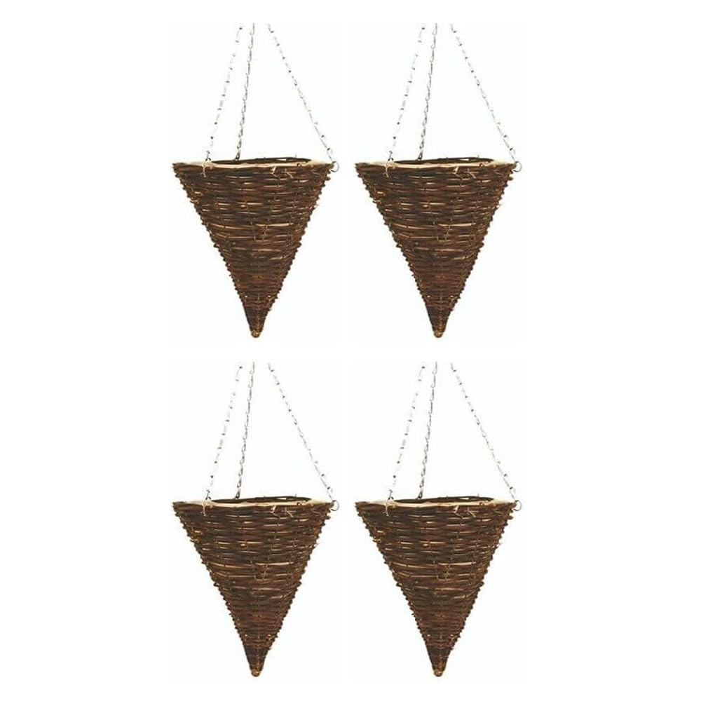 Wicker Basket Planters – Natural Rattan Willow Hanging Flower Pots with Polythene Liner & Metal Chain – Large Decorative Cone Shaped Hanging Planters for Indoor & Outdoor (Cone 36cm, 14Inch x 4Pack)