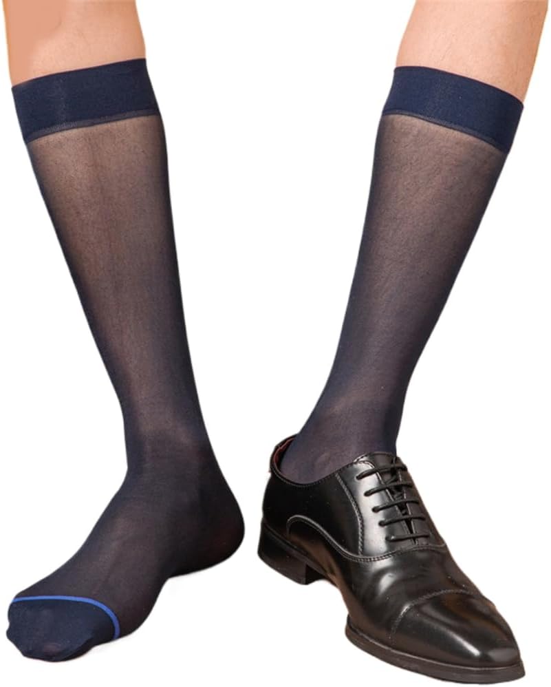 Mens Nylon Thin Sheer Suit Socks Business Dress Socks Blue See Through Formal Dress Over the Calf