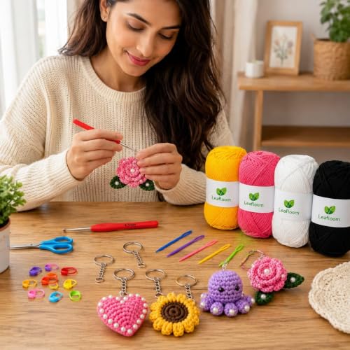Image of Crochet Kit with Soft Grip Handles - Full Crochet Hook Set for Beginners & Yarn Lovers - Ergonomic Crochet Tools for DIY Craft & Gifting (Beginners kit Keychain)