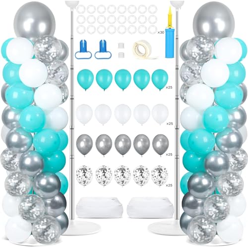 Image of 2 Sets Teal Blue Silver White Balloon Column Stand Kit with 102 Balloons Adjustable Balloon Tower Stand with Bases for Floor Confetti Silver Balloons Column Kit for Graduation Birthday Party Decor