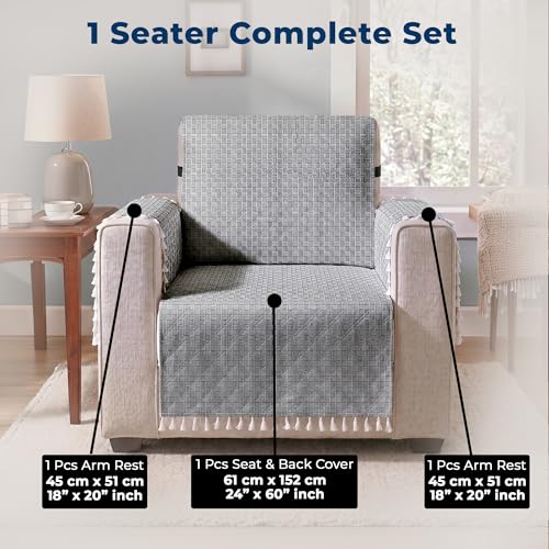 Image of Story@Home Premium Velvet Sofa Cover with Tassels for 1 Seater |Full Protection for Sofa Seat, Back & Arms | Anti Slip Sofa Cover Mat with 2 Armrest Cover, 1 Seater (152 x 61 CM) - Navy Blue & White