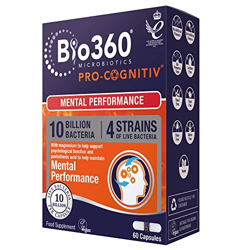 Natures Aid Bio360 Pro-Cognitiv Probiotic 10 Billion Live Bacteria CFU - Supports Brain Health and Mental Performance - High Strength - Vegan, Gluten Free, Non-GMO - 60 Capsules