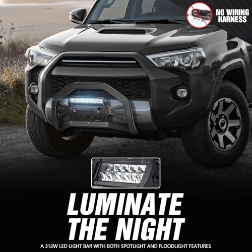Image of Bull Bar with License Plate Frame & LED Light Bar Compatible with 2010-2024 Toyota 4 Runner, Truck Grille Guard Brush Push Bar Front Bumper (Include Light Mount & Skid Plate)