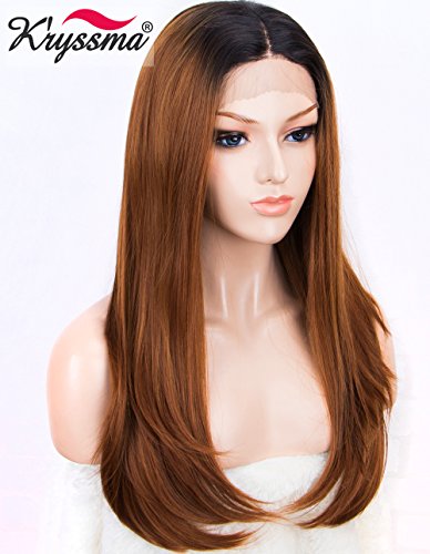 K’ryssma Ombre Brown Synthetic Lace Front Wigs with Dark Roots Long Straight Synthetic Wig for Women Heat Resistant