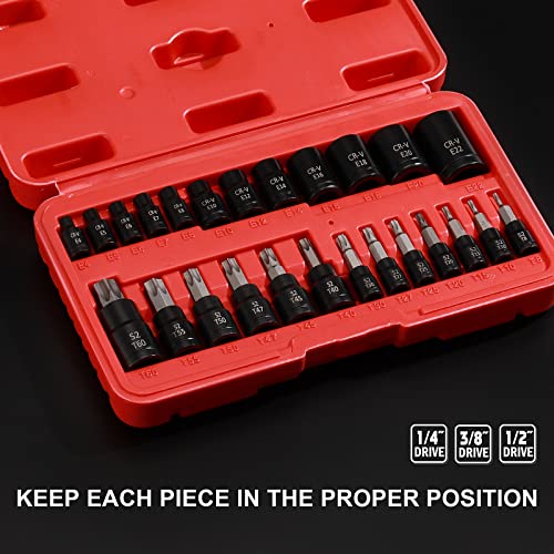 Ementol 25Pcs Torx Bit Socket Set-Torx And External Socket Set, 1/4", 3/8" And 1/2" Drive, Cr-V & S2, 13 Star Socket Bits And 12 Female E-Torx Sockets #TOP4