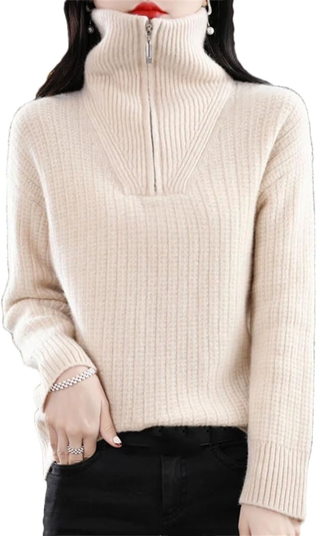 Women's 100% Wool Sweater Turtleneck Zipper Loose Office Pullover Jumper Christmas Thicked Knitted Tops