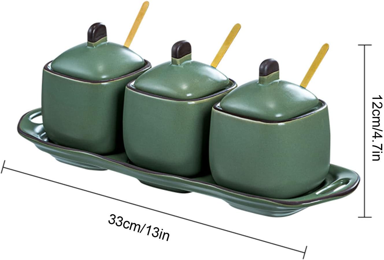 Condiment Jar Ceramic jar, Bowl with Lid and n, Dark Green Pot, and Proof Salt Pot Seasoning Canister, Kitchen Storage- Dark Green-3 Set Seasoning Jars Jars