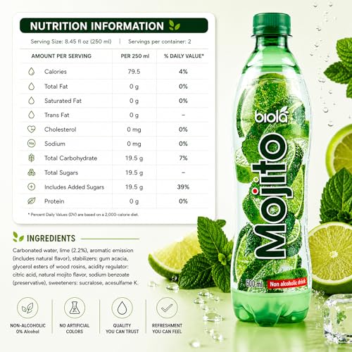 Biola Non-Alcoholic Mojito Mocktail, Sparkling Alcohol-Free Drink with Real Apple & Lime Juice, Non-GMO, No Artificial Colors, Caffeine Free, Lime & Mint Flavor, Ready-to-Drink, 16.9 Fl Oz Bottles, 12 Pack