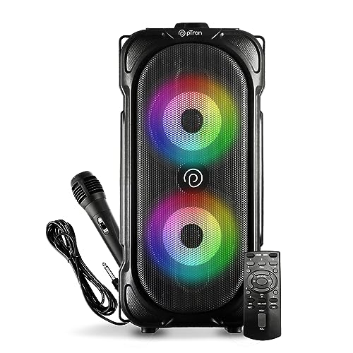 Image of pTron Fusion Party V2 40W Bluetooth Speaker w/ 3m Wired Karaoke Mic, Immersive Sound, 6Hrs Playtime, RGB Light, TWS Mode, Party Speaker w/Bluetooth V5.0, Aux Port, USB & SD Card Playback (Coal Black)