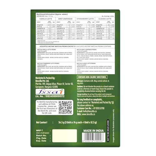 Image of Bevzilla Instant Matcha Premix 4 Assorted Sachets | Ceremonial Grade Green Tea | No Added Sugar | Smooth Energy Drink Mix | Single Serve | Hot & Cold Matcha Anytime