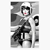 Femme Fatale Takes Flight: Bikini Babe with a Pilot Helmet and a Gun Black and White Wall Art Artwork Sticker Decal Car Window Water Bottle 5