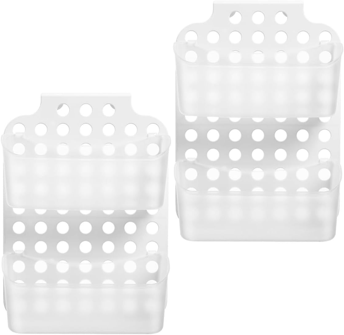 Angoily 2pcs No-drill Bathroom Wall Shelf Organizer Double Layer White Plastic Shower Caddy with Drainage Holes for Shower Storage and Bathroom Accessories