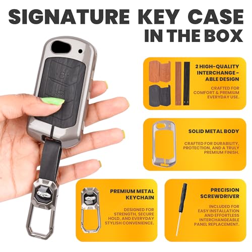 Image of Car Key Cover Compatible with Mahindra Scorpio, Marazzo | Xuv 300, Xuv 700 | Xuv 400 Ev | Bolero | Thar | Tuv 3-Button Smart Flip Key (Dual Leather Metal (Black & Brown))