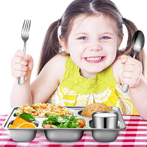 Potchen 20Pcs Stainless Steel Dinnerware Set,Including Stainless Steel Rectangular Divided Dinner Tray Spoons Forks Set Silver Stainless Steel Cups And Stainless Steel Bowl Home Kitchen Restaurant #TOP4