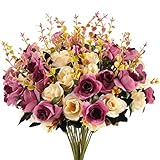 Artificial Flowers Fake Rose 4 Bunches 48 Heads Silk Bouquet with Plastic Stems for Wedding Home Bed