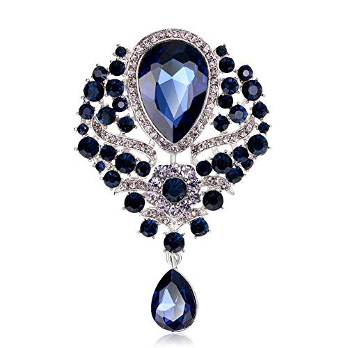 Reizteko Wedding Bridal Big Crystal Rhinestone Bouquet Brooch Pin for Women (dark blue)