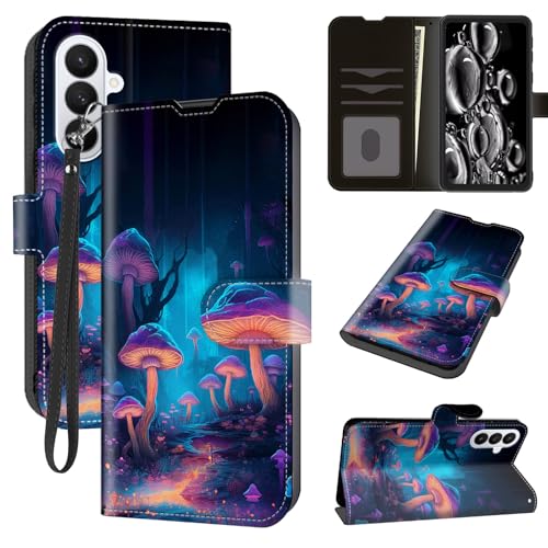 ACWDMKH for Samsung Galaxy S26 Case Walle with Card Holder Slots & Wrist Strap & Kickstand Flip Folio Leather Magnetic Protective Shockproof Rugged Heavy Duty Cover,Blue Purple Mushroom