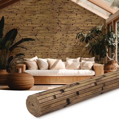 Juexica 1 Pcs Natural Bamboo Wall Panel for Interior Wall 48''x96'' Bamboo Covering Renewable Pole Wainscoting Room Divider Wrap Decor for Bedroom Living Room Kitchen Island Office (Dark Burned)