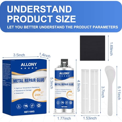 ALLONY Metall Kleber Extra Stark, 100ml AB Metallkleber, Hitzebeständiger Kleber, Metallkleber Hitzebeständig mit Schaber, Hochfester Metallkleber für Metall, Holz, Keramik, Stahl
