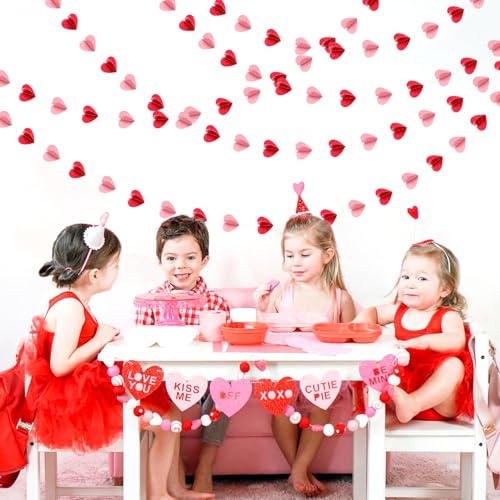 Image of Galentines Party-Decorations Valentines-Day 3D-Heart Garland - 40ft Red Pink Streamers Paper Banner, Proposal Anniversary Romantic Birthday Baby Shower Rustic Wedding Hanging Ornaments Decor Hugfond