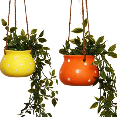 Image of Leafy Tales Hanging Matki Shape Ceramic Pot Set of 2, Pot Only, Multicolor