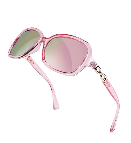FEISEDY Womens Polarized Sunglasses Square Wraparound Shades UV400 Mirrored Trendy Sun Glasses for Women B2526 - Clear Pink Frame Pink Mirrored Lenses - 56 Millimeters