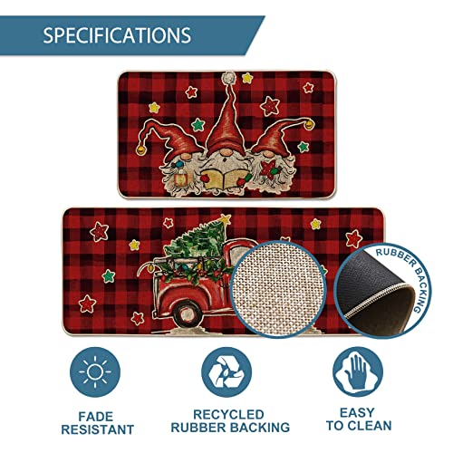 Artoid Mode Buffalo Plaid Truck Gnome Christmas Tree Decorative Kitchen Mats Set Of 2, Home Party Low-Profile Kitchen Rugs - 17X29 And 17X47 Inch #TOP6