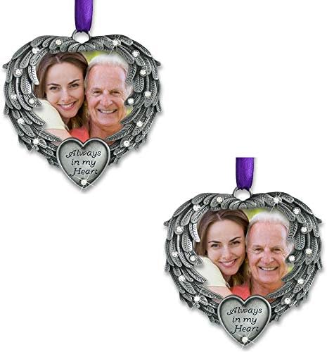 in Memory Photo Ornament - Always in My Heart - Angel Wings Picture Christmas Ornament - Sympathy Gifts - Bereavement Gifts - 2 Pack