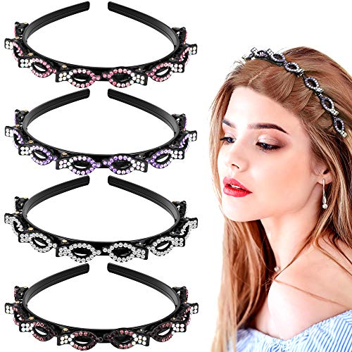 4 Pieces Double Layer Twist Plait Headband with Clips Rhinestone Beaded Headbands Hollow Woven Headband Women Girls Hair Accessories, 4 Colors
