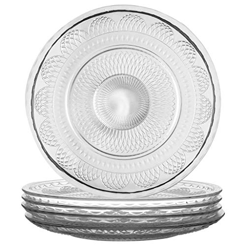 Dibor Set of 4 Clear Glass Dessert Side Plates - D21cm - Vintage Style Embossed Alfresco Dining Tableware