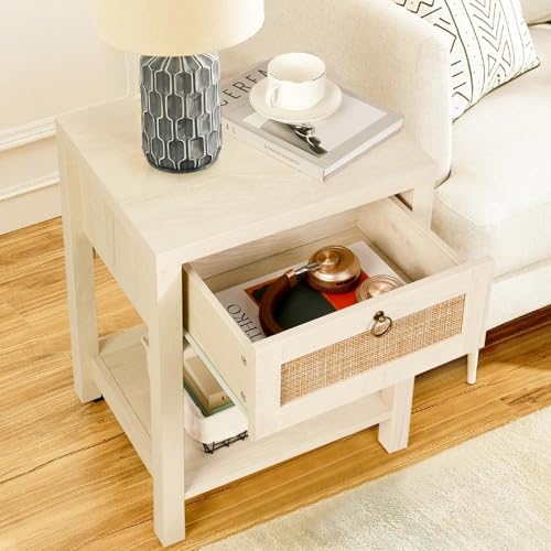VOWNER Rattan Nightstands Set of 2 - Farmhouse Bedside Table Night Stand with Drawer and Storage Shelf, Boho End Side Table for Bedroom, Mesitas De Noche para Dormitorio, Light Oak - Image 4