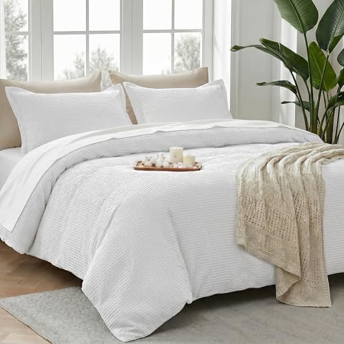 100% Cotton Waffle Weave Duvet Cover Set Cal King Size,98”x104”Bright White by SE SOFTEXLY - Used condition - Image 9