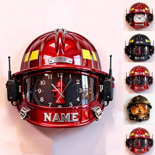 Horloge personnalisée sur le thème du casque de pompier pour chambre à coucher, salon, cuisine - Nom personnalisé de pompier - Impression 2D plate unique - Décoration murale avec symbole de casque de