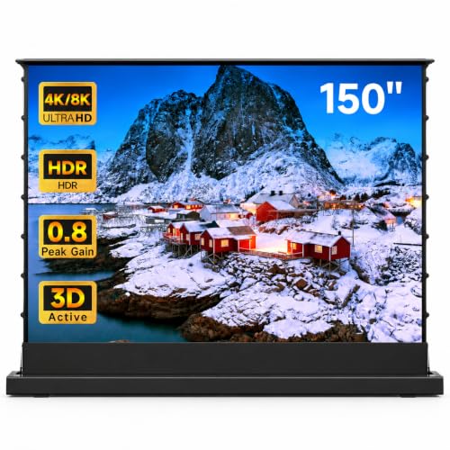 IN&VI 150" Motorized Gray Floor Rising Soft Projector Screen for Standard/Long Throw Projector, Projector Screen for Home Theater, 4K/8K Ultra HD, Active 3D, Eye Friendly